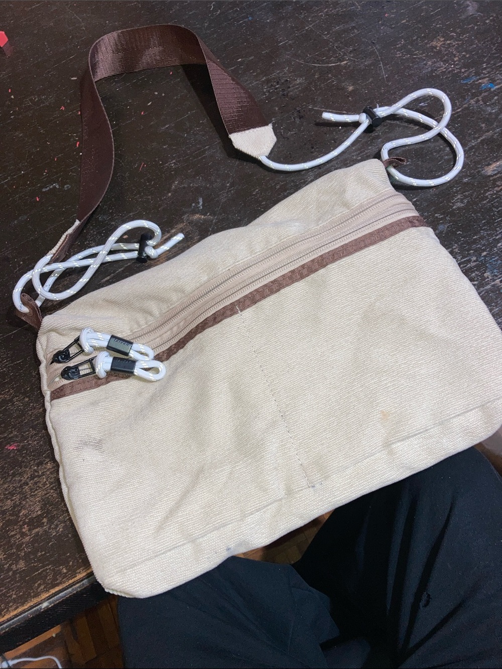 Beige Canvas Belt Bag with Brown Trim